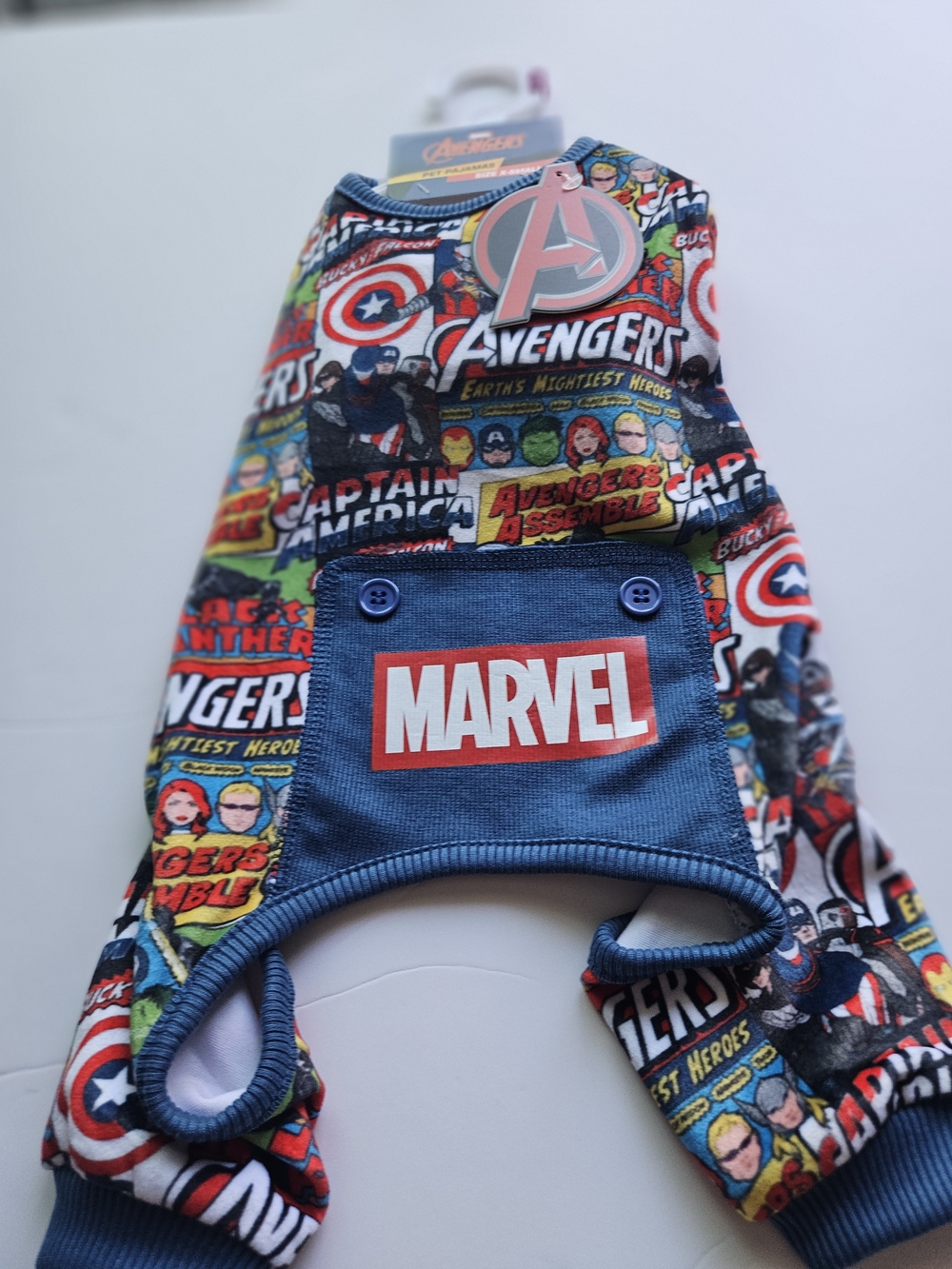 Marvel Avengers-themed pet onesie or pajama jumpsuit